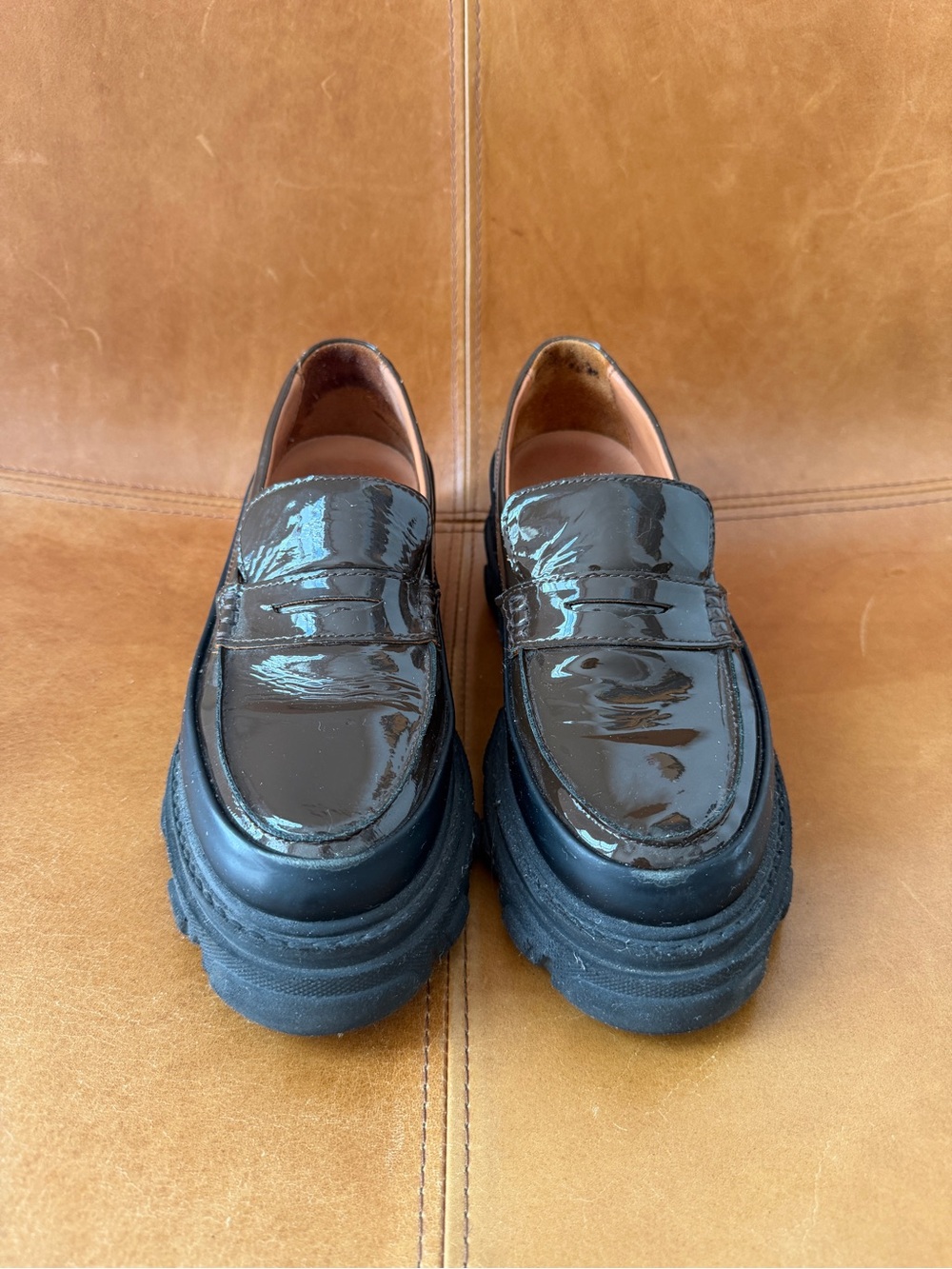 Ganni chunky platform burgundy patent leather loafers.